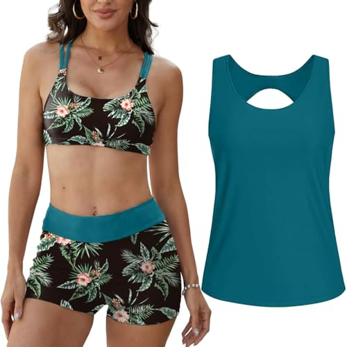 Yutdeng Traje de Baño para Mujer 3 Piezas Tankini Mujer Tres Piezas Bikini Push Up Cruzado Shorts Cintura Alta Camiseta sin Mangas Bañador Vientre Plano Swimwear Estampado Bañadores Deportivo Playa