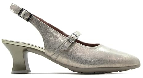 PITILLOS - Zapato de Piel con tacón,Destalonado,Hebilla en el Tobillo,clásico,Liso,salón,Punta Fina,Brillo para: Mujer Color: Oro Talla:41
