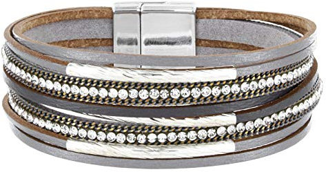 StarAppeal Armband Lederarmband mit Strass, Ketten und Schmuckelementen, Magnetverschluss Silber, Damen Armband (Grau)