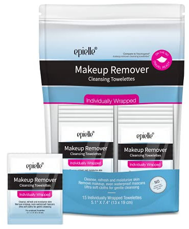 Epielle Makeup Remover Cleansing Towelettes | 15 Individual Wipes | Removes Oil, Makeup & Waterproof Mascara | Korean Skincare