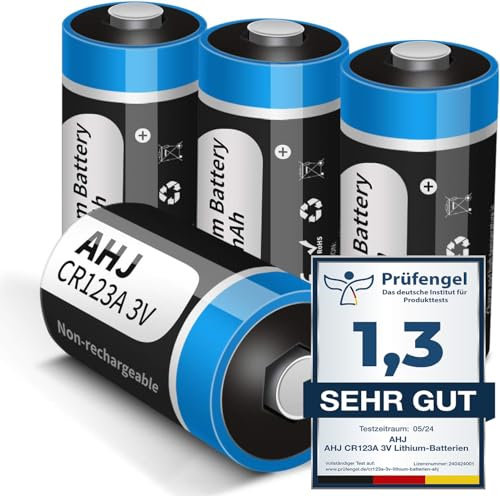 AHJ CR123A, Batterie al Litio CR123A /CR123 da 3V (confezione da 4) ad Alta Capacità da 1600mAh con Auto-Scarica Bassa - Pile Monouso, Non per Arlo