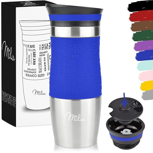 Milu Taza aislante de café y té para llevar 370ml 450ml - 100% a prueba de fugas - Taza de acero inoxidable para beber - vaso de aislamiento al vacío - Caliente y frío (Azul, 370ml)
