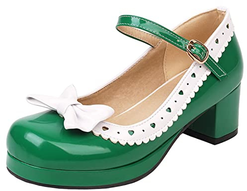 Lizoleor Mary Janes Femme Talon Carré Plateforme Bout Rond Bride Cheville Fille Fête Robe Pieds Larges Noeud Lovely Vert Taille 36.5 EU/37CN
