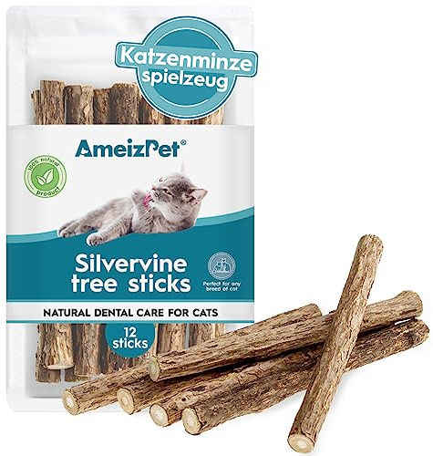 AmeizPet Catnip Sticks For Cats, Cat Dental Chew Sticks - Natural Matatabi Cat Dental Care, Silvervine Cats Teeth Cleaning (12 pcs)