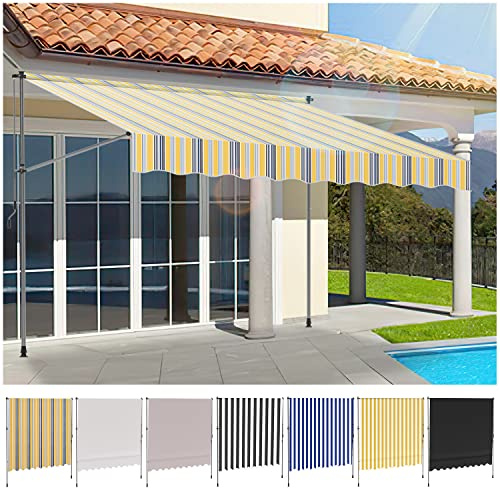 Ikodm Tenda da sole con manovella, 350 x 120 x 200-300 cm, giallo, blu, resistente ai raggi UV 50+ regolabile in altezza, impermeabile, facile da montare