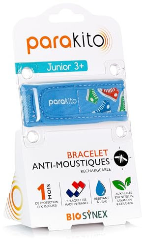 PARAKITO - Bracelet Anti-Moustiques Réutilisable - 2 Plaquettes Incluses aux Huiles Essentielles - 1 Mois de Protection - Sans DEET - Taille Junior 3+ (Baskets)