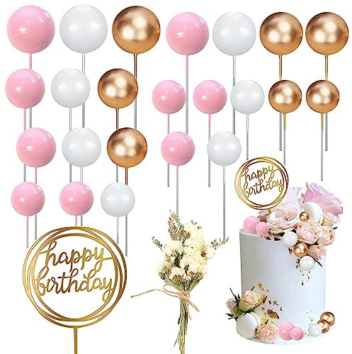 Mini Balloon Cake Topper, 44pcs Happy Birthday Cake Decoration Set Wedding Cake Decoration With Dried Flowers for Anniversary Graduation Birthday Party Baby Shower (Pink)