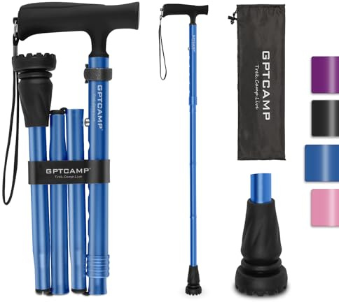 GPTCAMP G2 Walking Stick, Fold-up Walking Cane for Women and Men with Wrist Strap, Portable, Foldable, Collapsible, Lightweight and Sturdy with Comfortable T Handle