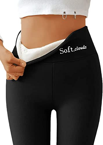 Casual Warm Winter Solid Pants Lambskin Winter Leggings Soft Clouds Fleece Leggings for Women (Black,M)