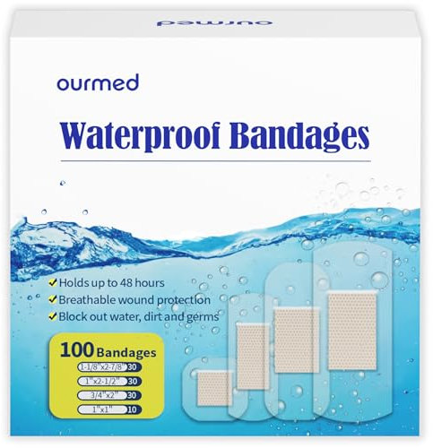 ourmed Waterproof Clear Bandages, Stays On Skin in The Bath, Shower Or Pool, Adhesive Bandages for First-Aid Wound Care of Minor Cuts and Scrapes, Assorted Sizes, 100 Count
