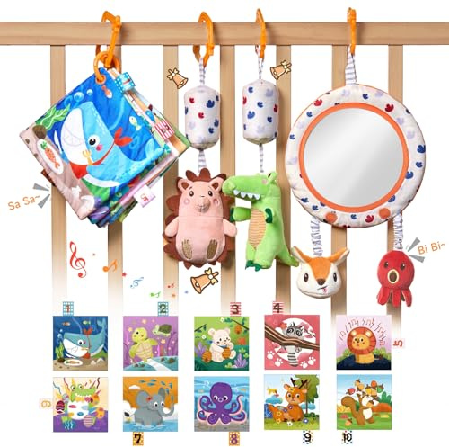 TUMAMA KIDS Giochi Neonato con Giocattoli per Passeggini, Specchio, Libro Morbido, Giochi Montessori Neonato 0-3-6 Mesi, Sensoriali Regalo Neonati Maschio Femmina