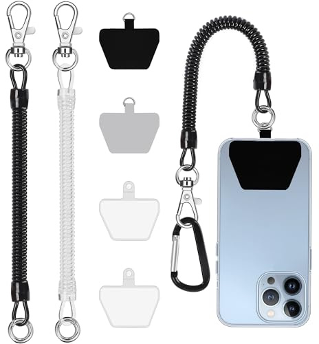 takyu Phone Tether, 2PCS Phone Lanyard Tether with 4*Patch and 1*Carabiner for Outdoor Hiking Cycling Climbing Skiing Compatible for iPhone Samsung Pixel Most Smartphones(Black+Clear)