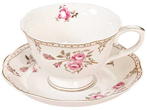 Service à thé, ensemble de tasse à thé et soucoupe à café floral de 220 ml, tasse à café rose clair avec bordure dorée, tasse à thé en porcelaine vintage (Color : Light Pink)
