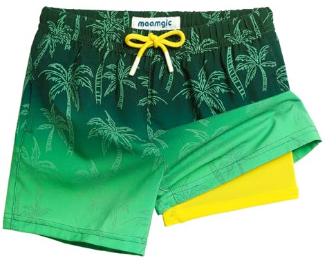 maamgic Bañador Niño con Forro 2 en 1 de Compresión y Cintura Ajustable Shorts Traje de Baño Bañador Corto de Natación Secado Rápido VÍA Multiple,Palma Verde Feliz,10-12 años