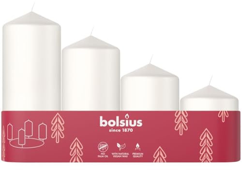 Bolsius Smooth Pillar Candles - Set of 4 - Advent - White - Various Sizes 12-10-8-6 cm - Decorative Candles - Long Burning Time - Unscented - with Natural Plant Wax - Without Palm Oil - Ø48mm