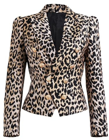 Dam vintage blazerkappa långärmad leopardtryck kostym jacka dubbelbröst smal vardaglig kappa, mång, S