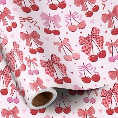 RUSPEPA Körsbärsrosett omslagspapper rulle, minirulle, romantisk körsbärsfluga band presentförpackning, rosa och rött omslagspapper för flicka födelsedag, alla hjärtans dag, ungkarl, årsdag, 43,2 cm x