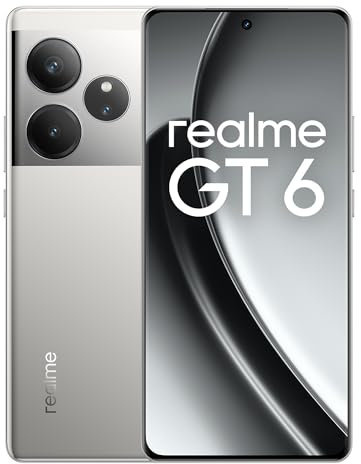 Realme GT6 Smartphone 5G 8+256GB, Processore Snapdragon 8s Gen3, Display Ultra Luminoso 120Hz 6.78 '' 6000nit, Fotocamera 50MP Sony LYT-808, Batteria 5500mAh, NFC, Dual SIM, Argento (Senza Adattatore)