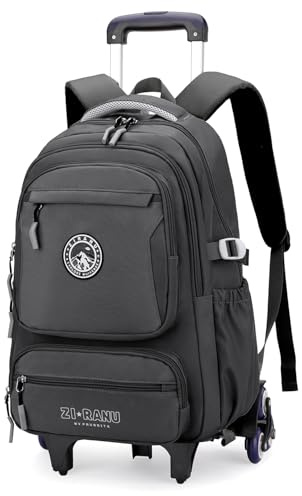 Tanou Rullväska för pojkar, 30L skolryggsäck för tonåringar med 6 hjul, casual dagpack regnrock för mellanstadiet och gymnasiet, Färg: grå, 34x18x48 cm
