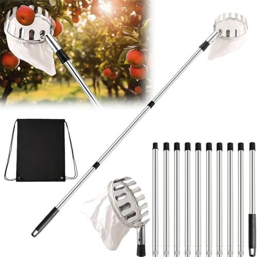 Recolector de Frutas con Cesta, Herramienta Ajustable de 3,6 m/4 m con Bolsa Blanda para Manzanas, Mangos, Peras, Limones, Naranjas, limas y nectarinas.