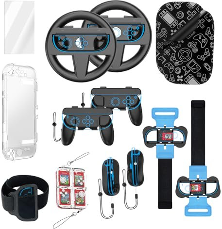 14-in-1 Sports Set Steering Wheel + Handle + Wrist Strap + Mouse + Crystal Case Tempered Glass Screen Protector Set Compatible with for Switch 2