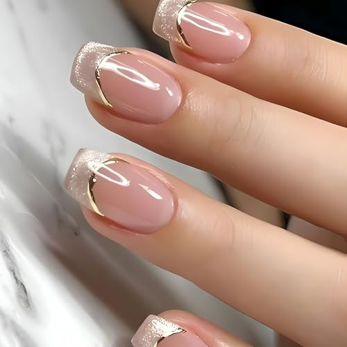 Auiremrti Lot de 24 faux ongles courts et carrés à coller, faux ongles en acrylique avec lignes dorées, application à coller
