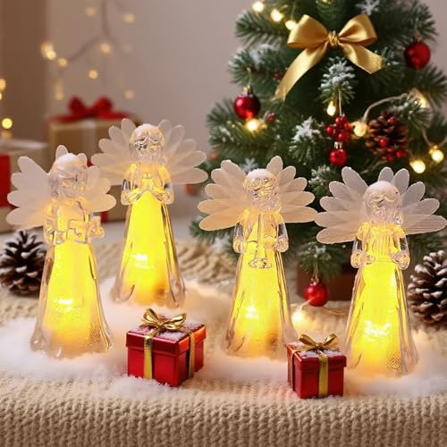 Lot de 4 figurines d'ange avec lumière chaude - Décoration de Noël - Figurines d'ange LED de Noël - En acrylique lumineux - Petites figurines d'anges pour cadeaux de Noël (C)
