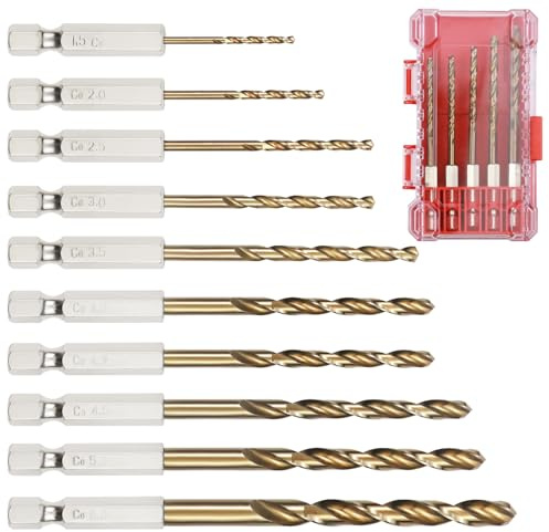 Set Punte Metallo HSS M35 Cobalto 10 pz (1.5–6 mm), Gambo Esagonale 6,35 mm, Punte Elicoidali HSS per Acciaio, Inox, Ghisa, Alluminio, Rame, Con Scatola Portatile, per avvitatori e trapani a batteria