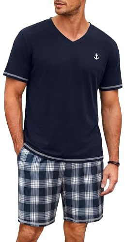 Marvmys pyjamas herr bomull kort sommar tvådelad kortärmad V-ringad pyjamas set rutiga pyjamasbyxor hemmadräkt sovkläder S-3XL