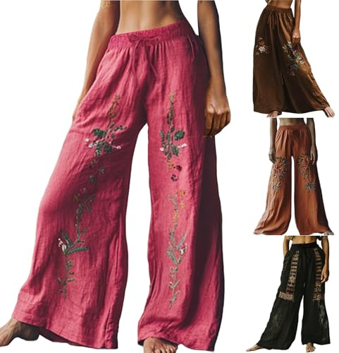 Boho-byxor för kvinnor, UK boho breda ben, byxor för kvinnor, UK-bomull, linnebyxor, hög midja, lätta loungebyxor, retro, tryck, lös passform, Palazzo Byxa, vardaglig strandbyxa