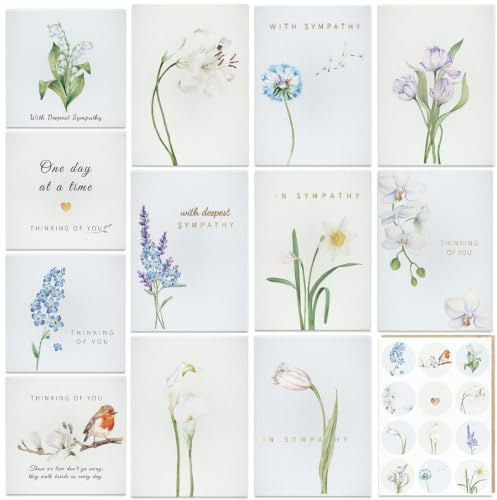 24 Sympathy Cards 12 Watercolor Designs Gold Foil with Envelopes | 15cm Assorted Condolences Blank Thinking of You Card with Sentimental Messages for Memorial, Loss, Bereavement, Grief