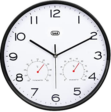 Trevi OM 3510 T Orologio da Parete con Termometro e Igrometro per Temperatura e Umidità, Lancette silenziose, Diametro 30 cm, Design moderno, Formato rotondo, Nero