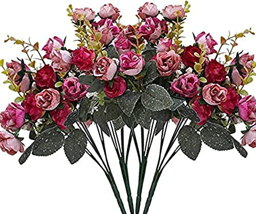 Powomuge Fiori Finti per Decorazioni, 21 Teste Di Foiri Artificiali, 2 Bouquets Fiori Artificiali per Decorazioni, Matrimoni E Abitazioni, Fiore Finto per Cimitero (Rosso Rosa)