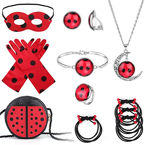 Hifot Deguisement Ladybug Masque Gants Sac Elastique Cheveux Collier Bracelet Bague Boucle d'oreille Déguisement Ladybug Set, Costume Ladybug Halloween Carnaval Coccinelle Deguisement Enfant Fille