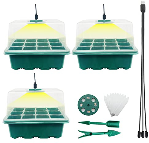 YOOAEFRTY Kits de semillero de bandeja de inicio de semillas con luz de cultivo, juego de 3 unidades de germinación de plantas con cúpula de humedad ajustable y bandejas de cultivo de invernadero base