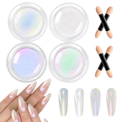 BISHENGYF 4 Boxes Weiße Perle Chrom Nagelpuder Glitzerpuder - Aurora Schimmer Chrome Nail Powder, Metallic Mirror Effect Chrome Pigment Pulver für Nägel, Glazed Donut Cromepulver nägel für DIY Salon