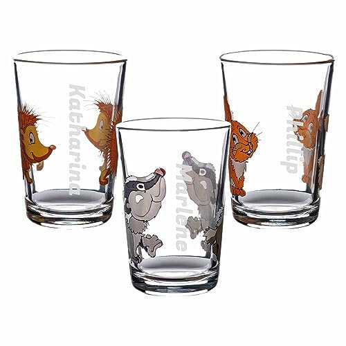 LUXENTU Kinderbecher mit Gravur, 3er Set Trinkgläser Waldtiere, 205 ml, Kindergläser mit persönlicher Namensgravur, Individualisierbar & Anpassbar mit 3 verschiedenen Namen