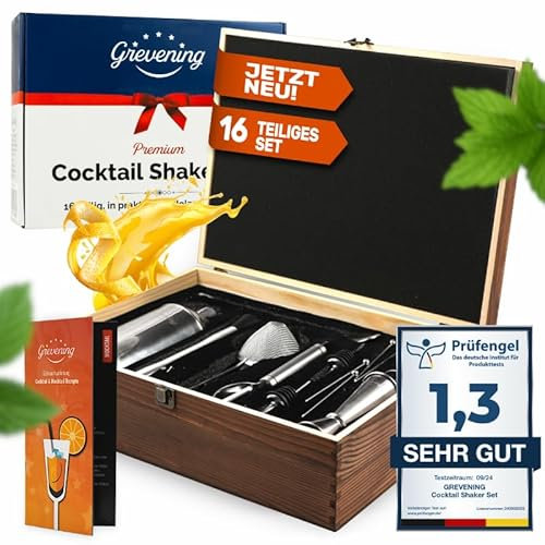 Grevening® Set di 16 shaker da cocktail in pratica ed elegante scatola di legno, ottima confezione regalo con ricettario per principianti e professionisti, acciaio inossidabile 304 Premium
