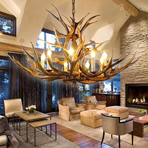 Candelabro grande de 12 luces de doble capa con cuernos de ciervo rústico para comedor y sala de estar, iluminación de araña de resina de cornamenta de granja, 15 A