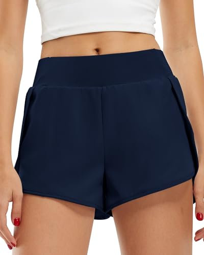 Libin Damen 2 in 1 Laufhose Kurz, Leichtes Stretch Sport Shorts Kurze Hosen Sommer Fitness Shorts Yoga Shorts, Quick-Drying Atmungsaktiv Gym Jogging Training Shorts Mit Taschen,Navy Blue,Groß