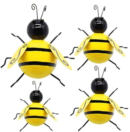 Wilsonzin Lot de 4 décorations murales en métal 3D, Abeilles en métal,Décorations murales d'abeilles pour Jardin Pelouse Décoration intérieure Sculptures murales extérieures