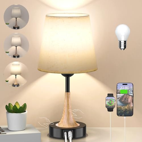 NestAura Nachttischlampe Touch Dimmbar, LED Nachttischlampe mit Ladefunktion USB A+C-Anschlüssen, Tischlampe Touch Lampe 3 Helligkeitsstufen Einstellbar, für Schlafzimmer Wohnzimmer Kinderzimmer