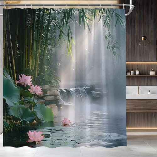 AMFD Zen Spa Shower Curtain Bamboo Lotus Pond Waterfall Nature Water Reflection Calming Meditation Bathroom Curtains Decor Fabric Set Include Hooks,(70 WX70 H)