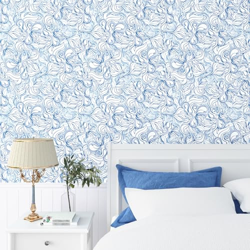 Skyblur Carta da parati autoadesiva blu barocco, carta da parati da cucina, armadi, camera da letto, idee per frigorifero, autoadesiva, 260 cm x 44,5 cm, pellicola adesiva vintage