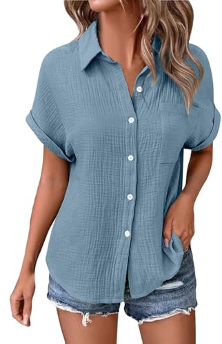 ZTFYKLIN Chemise Femme Coton Et Lin Tops Chic Et Élégant T-Shirts à Manches Courtes Tee Shirt Femme Col V Boutons Chemises Tunique Shirts avec Eté DéContractéS Ample Couleur Unie Blouse VêTements