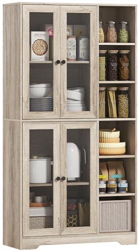 HOMCOM Alacena de Cocina, Mueble Auxiliar de Cocina con Estantes Abiertos y 4 Puertas de Vidrio con Cierre Suave, Estantes Ajustables, para Comedor, Salón, 90x35x172 cm, Gris Claro