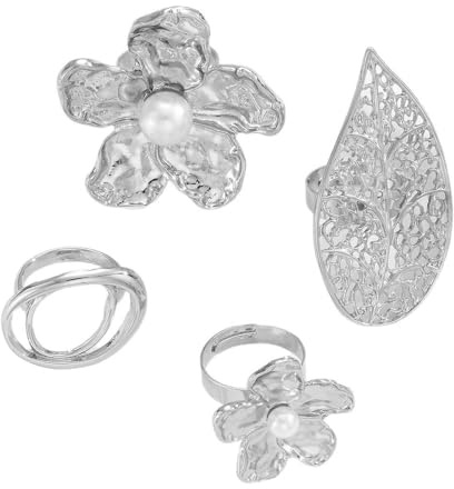 XFSRG Lot de 4 Chunky Bague Femme Anneaux Ouverts Vintage à Superposer avec Motifs Fleur et Perles Pour Tenues Quotidiennes Soirées Expositions