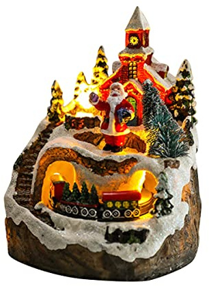 Uikdjgu Juegos de Casas de Pueblo de Navidad, Tren Giratorio, Figuras de ExhibicióN, Luces LED, DecoracióN NavideñA Musical, Papá