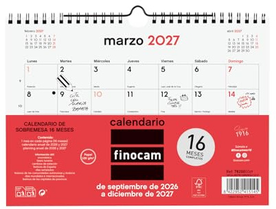 Finocam Neutro Calendario 16 meses 2026 2027 | Mes Vista · Septiembre 2026 - Diciembre 2027 | Neutro · Idioma: Español - Calendario mensual