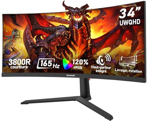 Gawfolk Écran PC Gaming Incurvé Ultrawide 34 Pouces 165 Hz, Moniteur 3800R 21:9 UWQHD (3440x1440), 120% sRGB, 1 ms, Adaptive Sync, Display Port, HDMI, Réglable en Hauteur, Haut-parleurs Intégrés-Noir